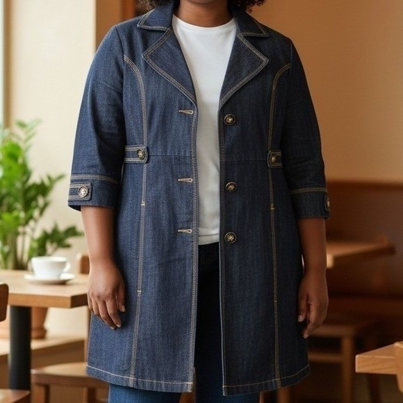 Baccini Jackets & Blazers - 90's Vintage Baccini Denim Jacket Dark Wash Pleated Back 3/4 Sleeve Womens Large